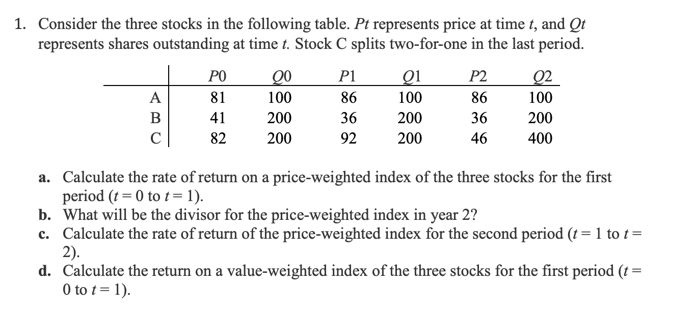 Solved 1. Consider the three stocks in the following table. | Chegg.com