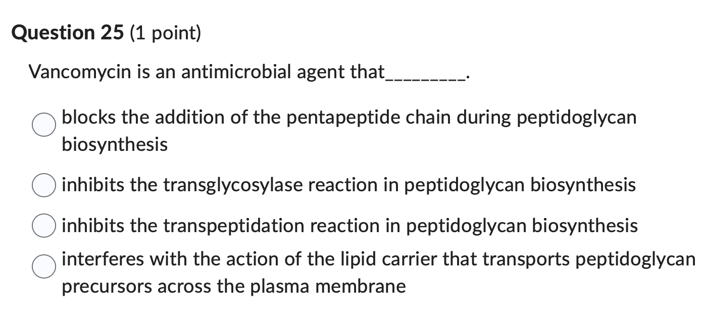 Solved Vancomycin is an antimicrobial agent that blocks the | Chegg.com