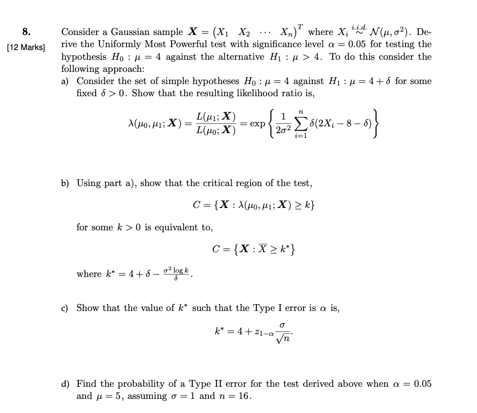 Solved 8 12 Marks Consider A Gaussian Sample X X1 X Chegg Com