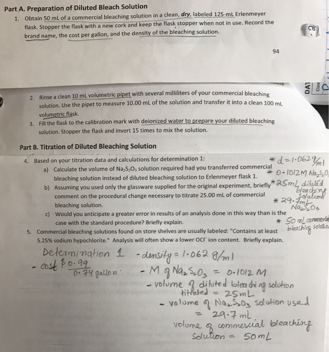 Solved Part A. Preparation of Diluted Bleach Solution Obtain