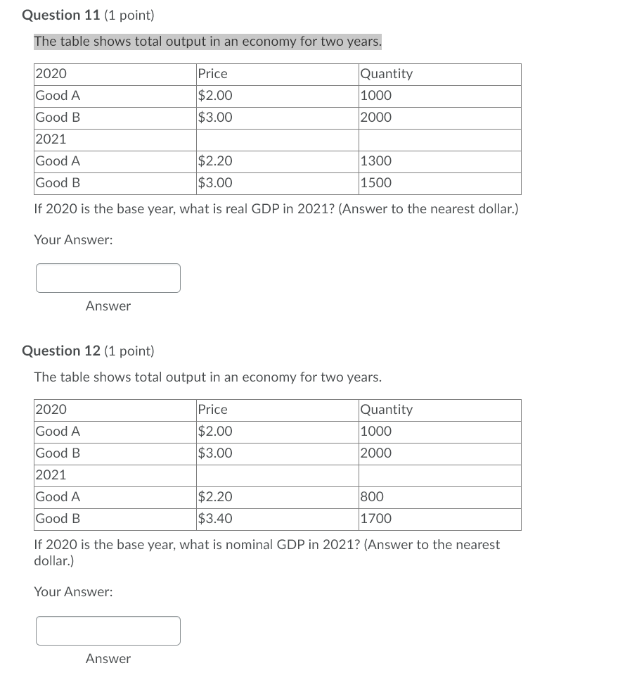 Solved Question 11 (1 point) The table shows total output in | Chegg.com