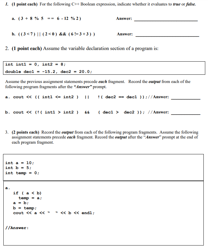 Solved 1. (1 point each) For the following C++ Boolean | Chegg.com