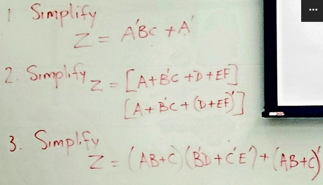 Solved Z=A′BC+A Simplify z=[A+B′C+D+EF][A+B′C+(D+EF′] | Chegg.com