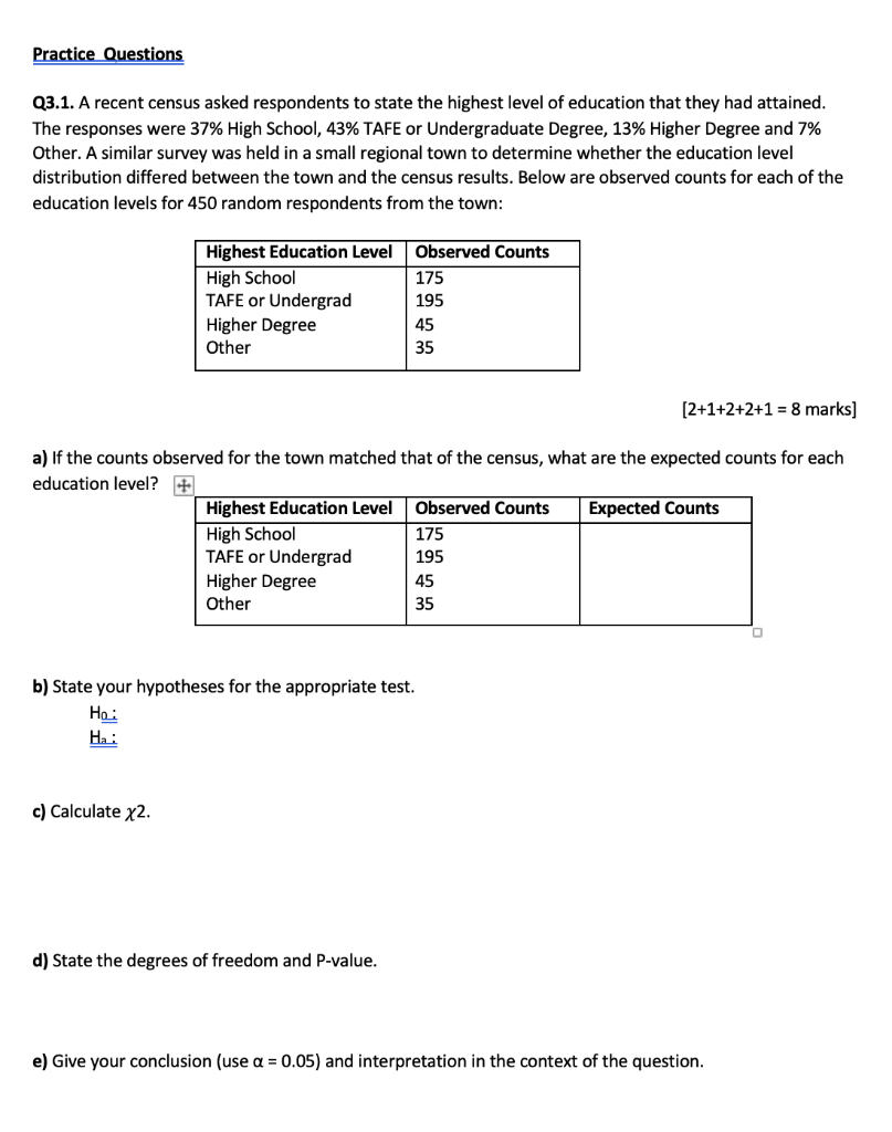 Solved Q3.1. A recent census asked respondents to state the | Chegg.com