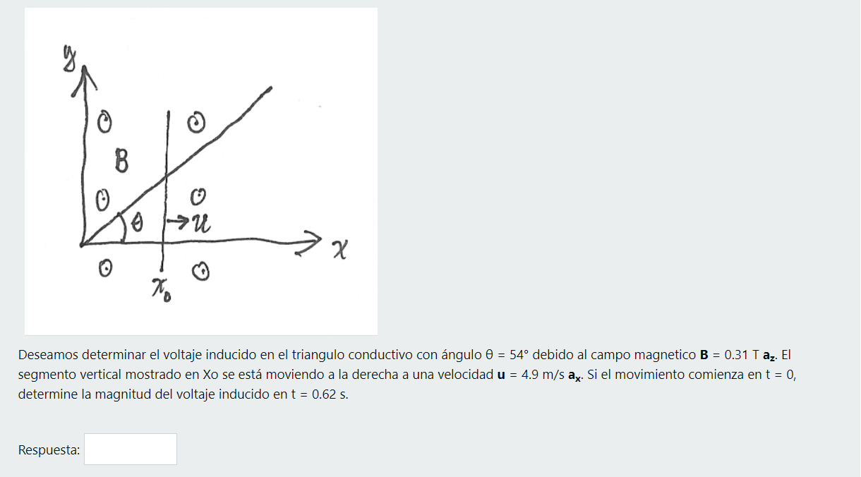 В 0 U > x O Xo Deseamos determinar el voltaje inducido en el triangulo conductivo con ángulo 2 = 54º debido al campo magnetic