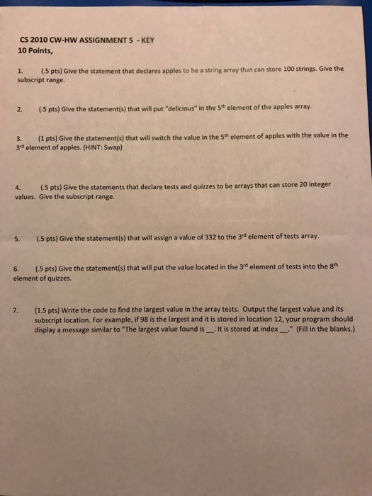 Solved CS 2010 CW-HW ASSIGNMENT 5-KEY 10 Points, 1. (.5 pts) | Chegg.com