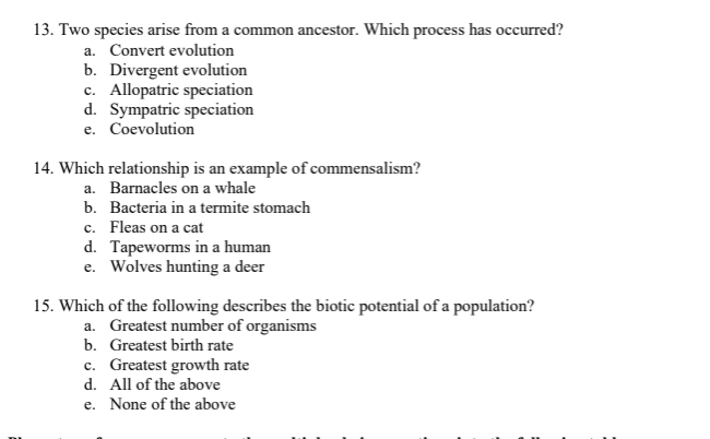 Solved 13. Two species arise from a common ancestor. Which | Chegg.com