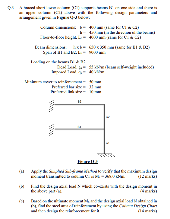 Q.3 A braced short lower column (C1) supports beams | Chegg.com