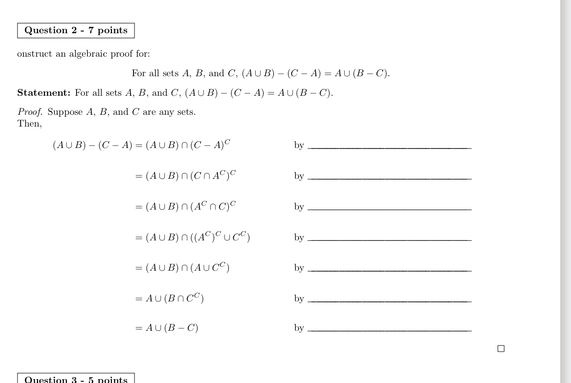 Solved Onstruct An Algebraic Proof For: For All Sets A,B, | Chegg.com