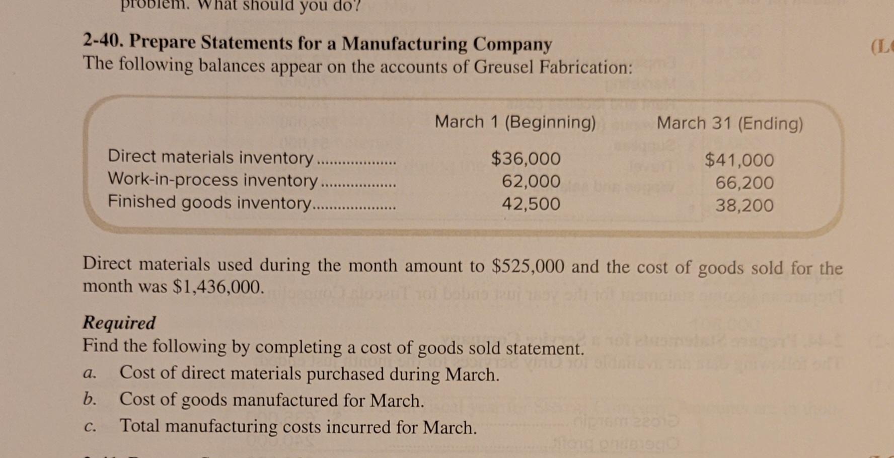 Solved 2-40. Prepare Statements for a Manufacturing Company | Chegg.com