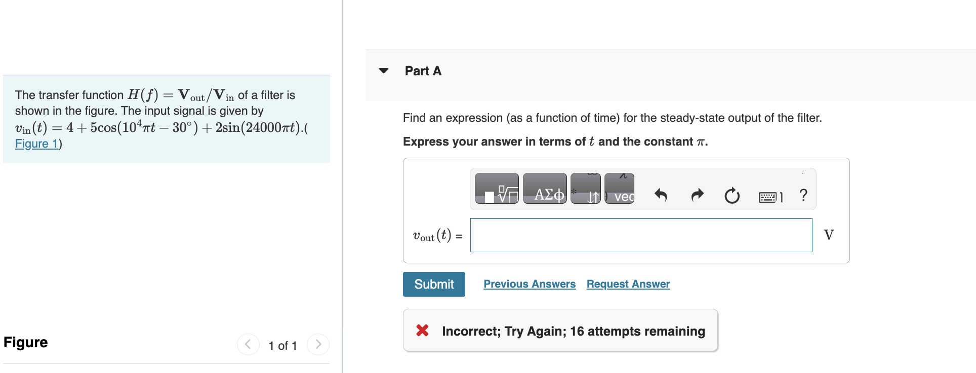 Solved 1 Of 1The Transfer Function H(f)=Vout /Vin Of A | Chegg.com