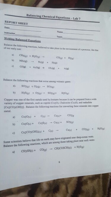 Solved Balancing Chemical Equations - Lab 7 REPORT SHEET | Chegg.com