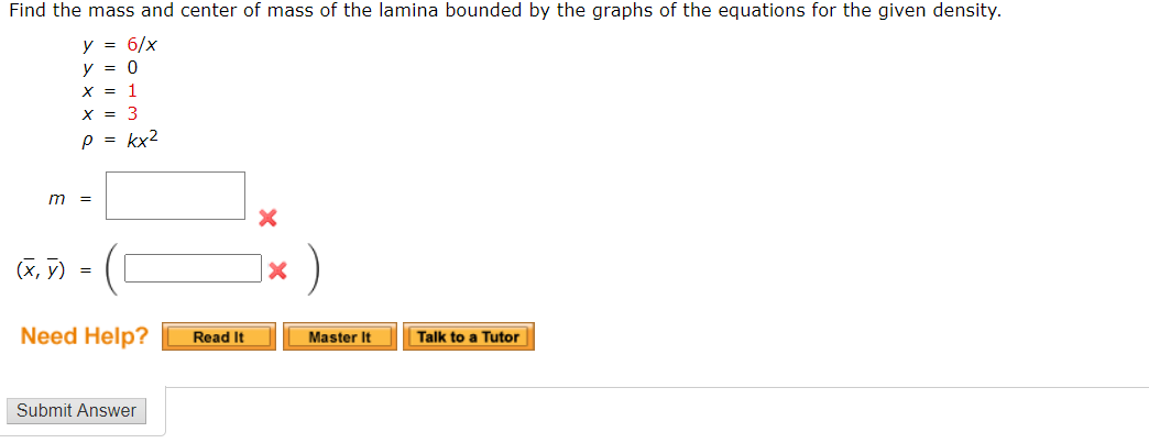 Solved Find the mass and center of mass of the lamina | Chegg.com