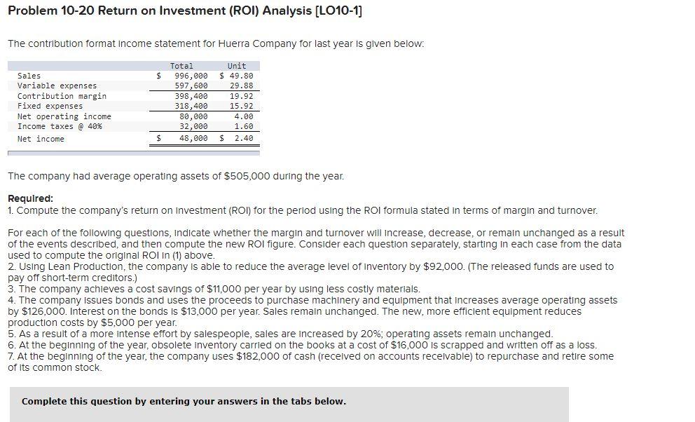 Solved Problem 10-20 Return on Investment (ROI) Analysis | Chegg.com