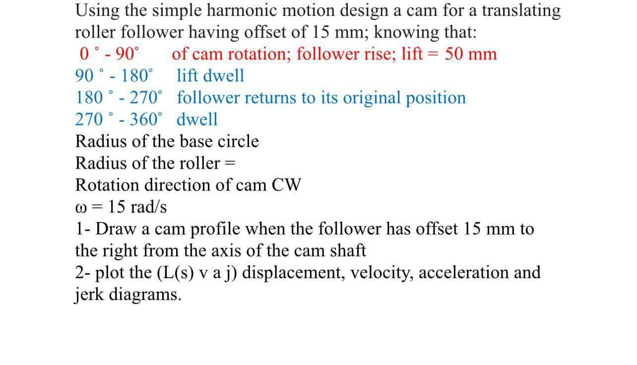 Using the simple harmonic motion design a cam for a translating roller follower having offset of \( 15 \mathrm{~mm} \); knowi