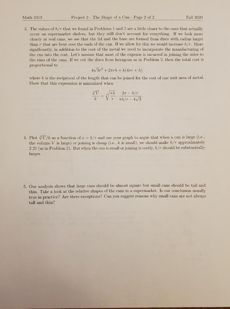 Solved Math 2413 Calculus I Project 2 - The Shape of a Can 7 | Chegg.com