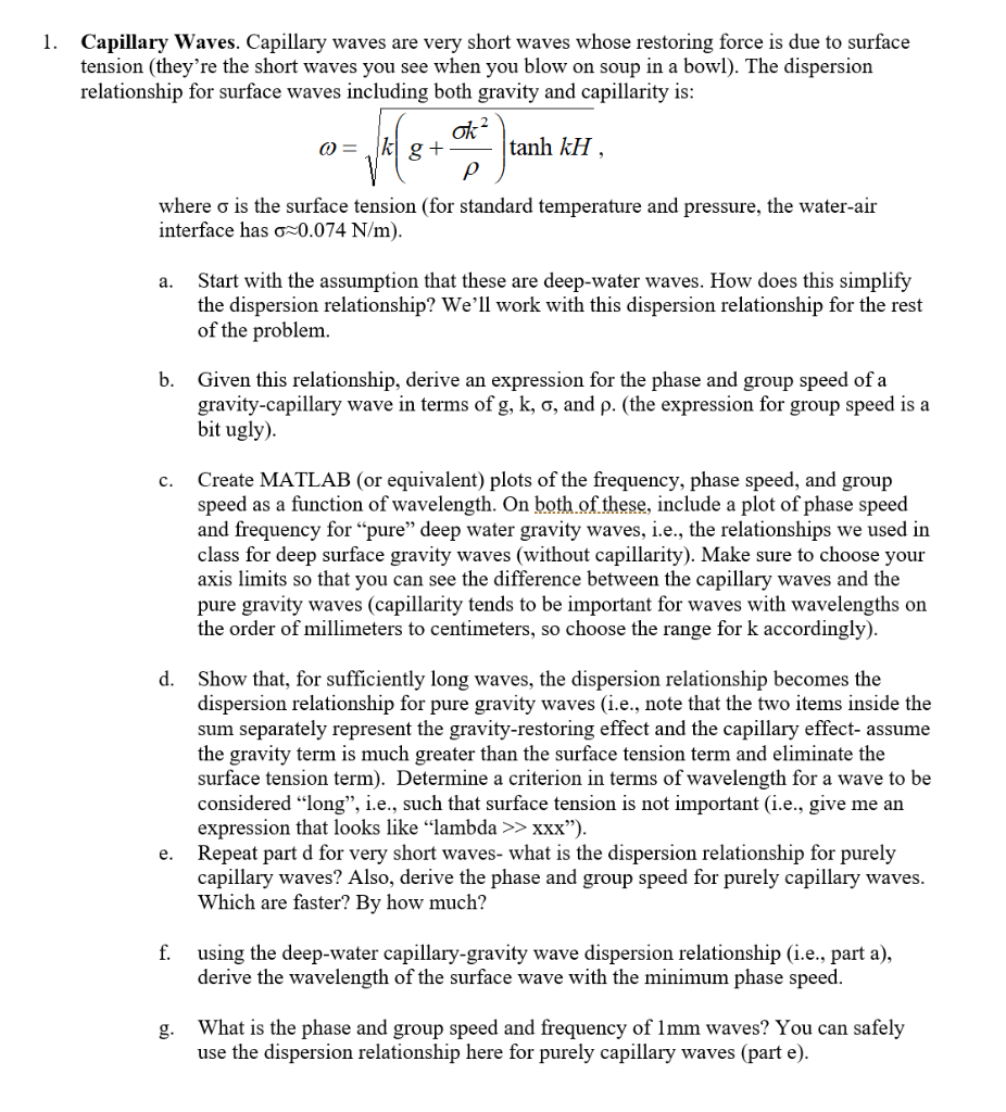1. Capillary Waves. Capillary waves are very short | Chegg.com