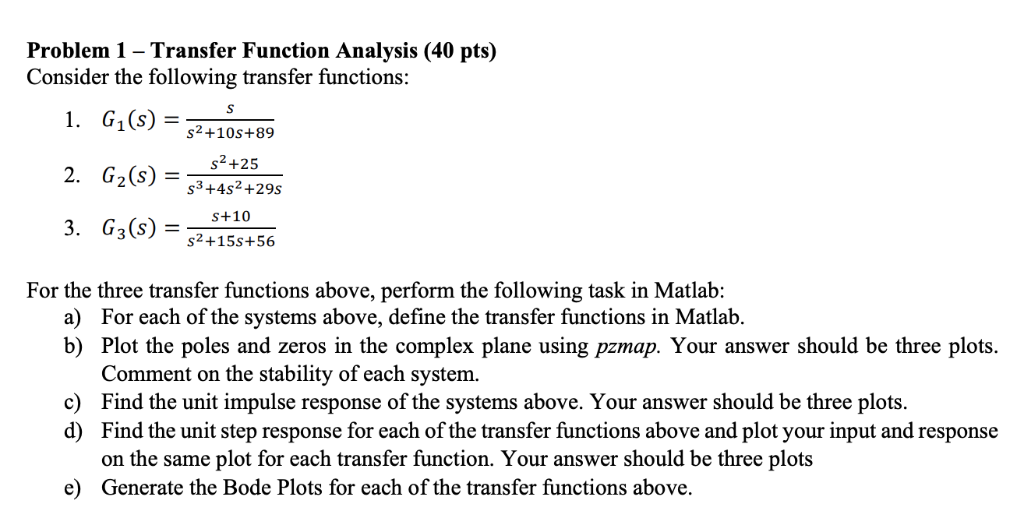 Solved Problem 1 - Transfer Function Analysis (40 pts) | Chegg.com