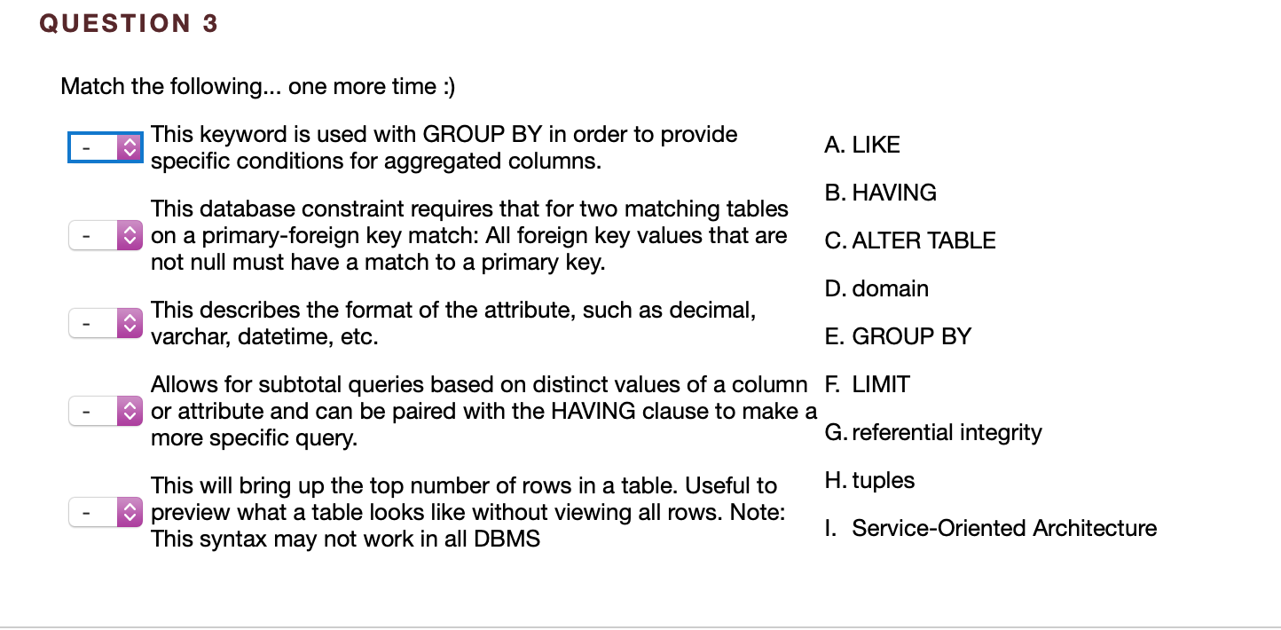 Solved QUESTION 3 Match the following... one more time :) - | Chegg.com