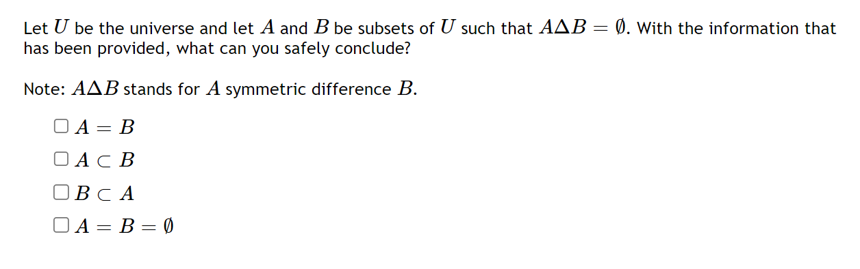 Solved Let U Be The Universe And Let A And B Be Subsets Of U | Chegg.com