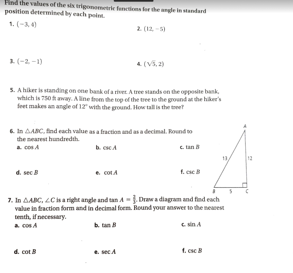 Solved Find The Values Of The Six Trigonometric Functions 0058