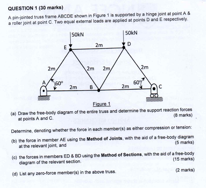 Solved QUESTION 1 (30 marks) A pin-jointed truss frame ABCDE | Chegg.com