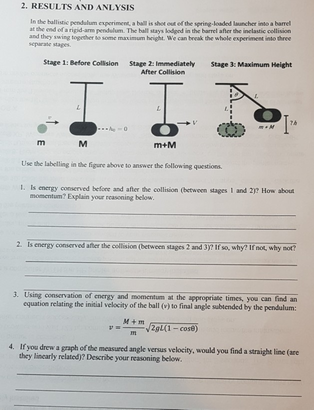 Solved 2. RESULTS AND ANLYSIS In the ballistic pendulum | Chegg.com
