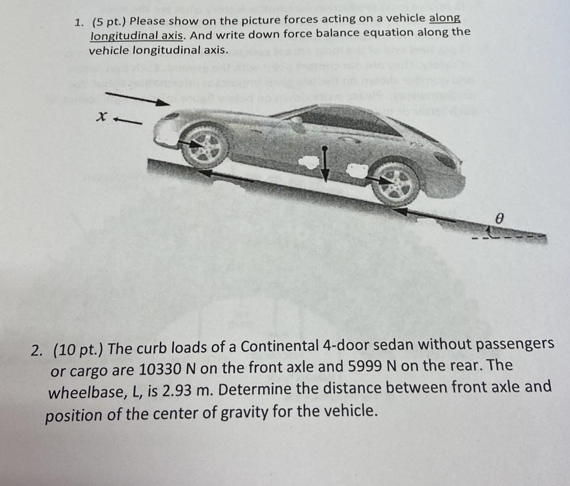 1. (5 pt.) Please show on the picture forces acting on a vehicle along longitudinal axis. And write down force balance equati
