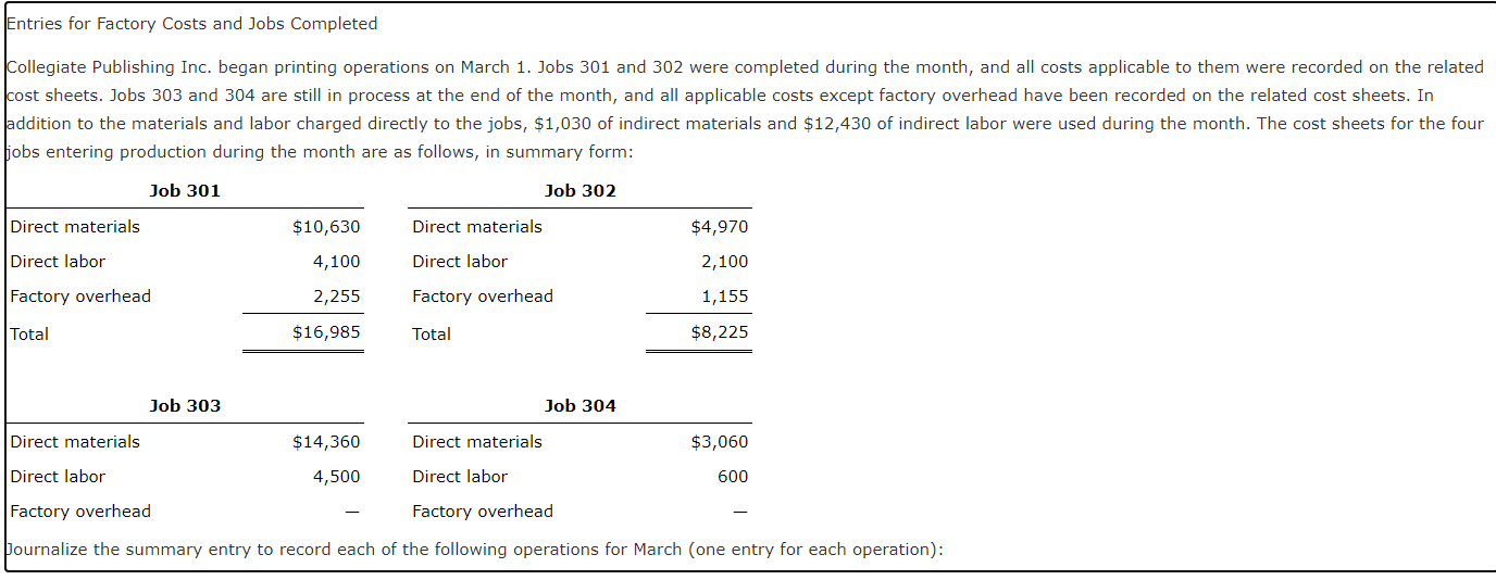 Solved Entries for Factory Costs and Jobs Completed