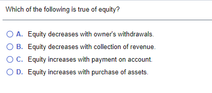 Solved Which of the following is true of equity? O A. Equity | Chegg.com