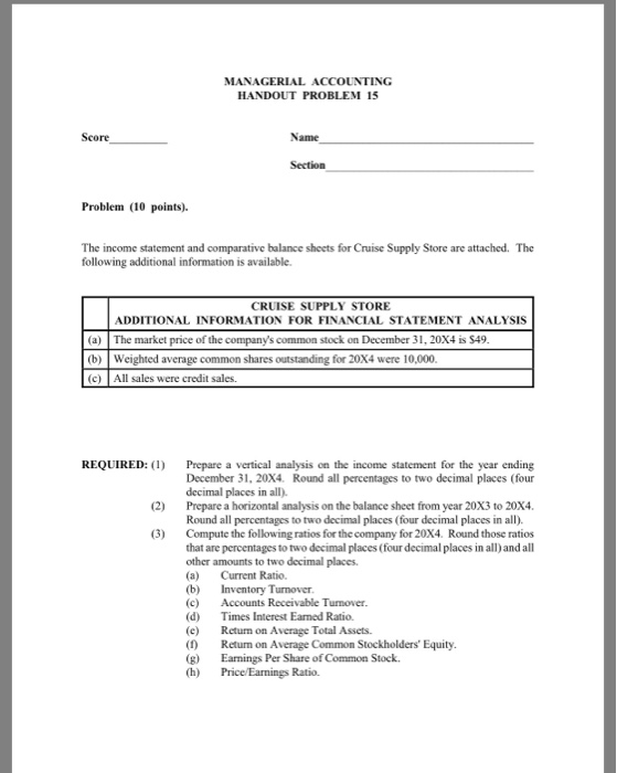 Solved MANAGERIAL ACCOUNTING HANDOUT PROBLEM 15 Score Name | Chegg.com