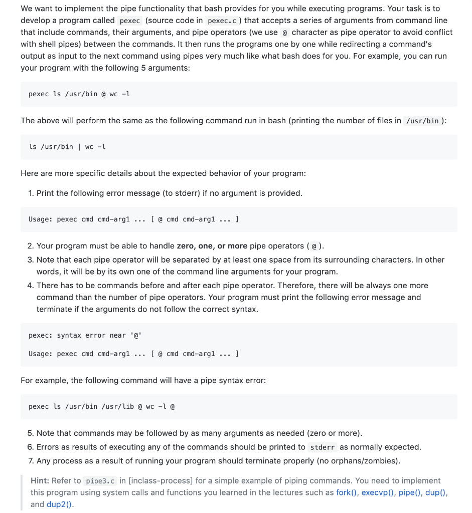 We want to implement the pipe functionality that bash | Chegg.com