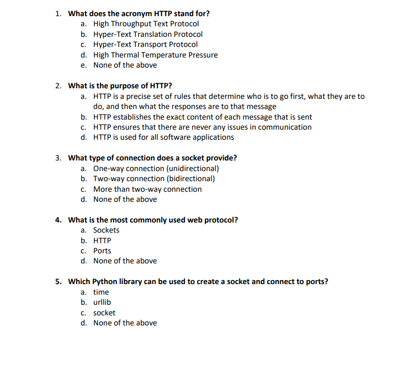 Solved 1. What does the acronym HTTP stand for? a. High