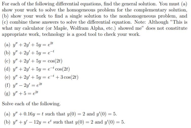 Solved For each of the following differential equations, | Chegg.com