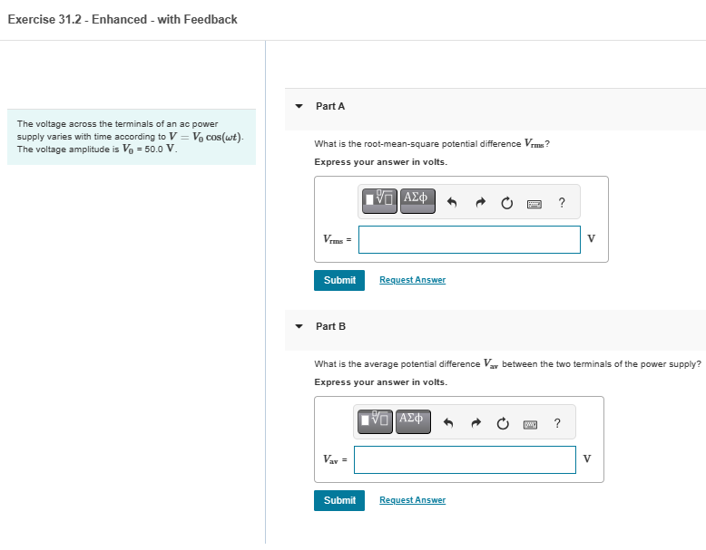 Solved Exercise 31.2 - Enhanced - with Feedback The voltage | Chegg.com