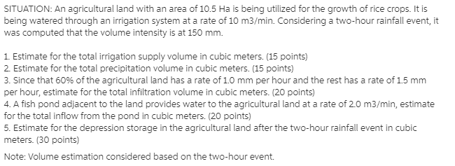 Solved SITUATION: An agricultural land with an area of 10.5 | Chegg.com
