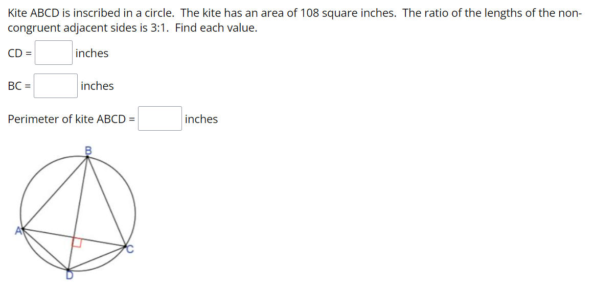 Solved Kite ABCD is inscribed in a circle. The kite has an | Chegg.com