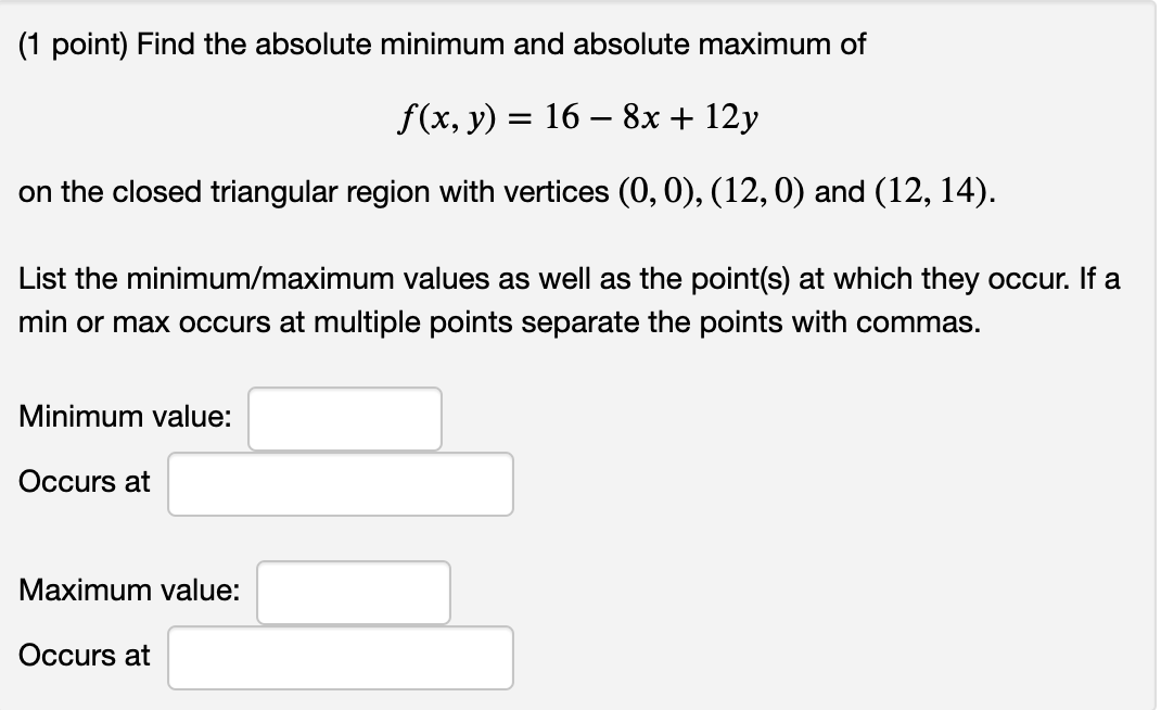 Solved 1 Point Find The Absolute Minimum And Absolute Chegg Com