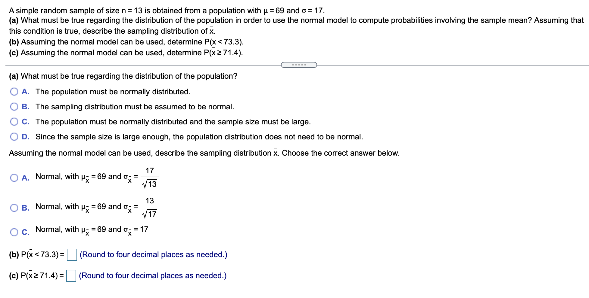 Solved A simple random sample of size n= 13 is obtained from | Chegg.com