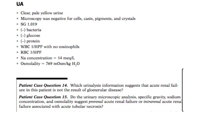 UA • Clear, pale yellow urine • Microscopy was negative for cells, casts, pigments, and crystals • SG 1.019 • (-) bacteria •