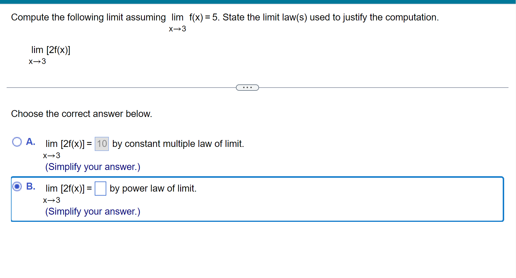 Solved Compute the following limit assuming limx→3f(x)=5. | Chegg.com