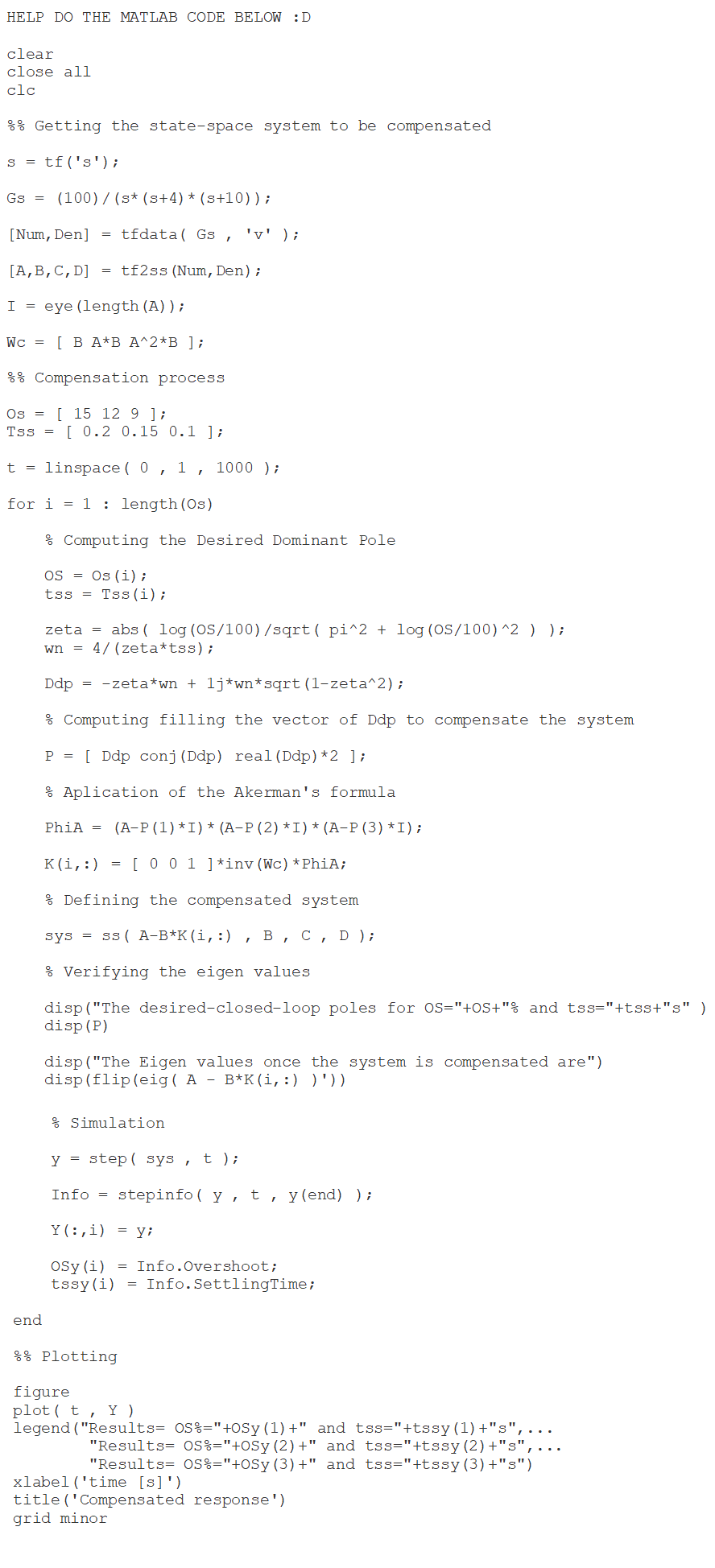 Solved HELP DO THE MATLAB CODE BELOW :D clear close all clc | Chegg.com