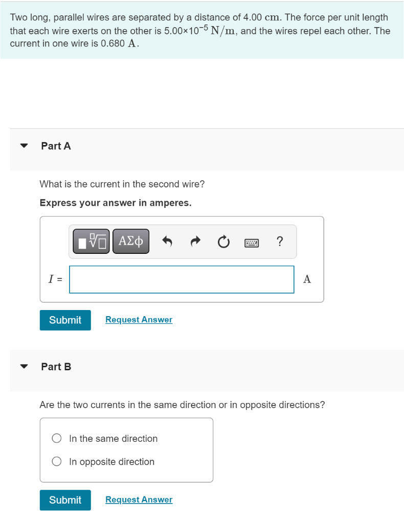 Solved Two long, parallel wires are separated by a distance