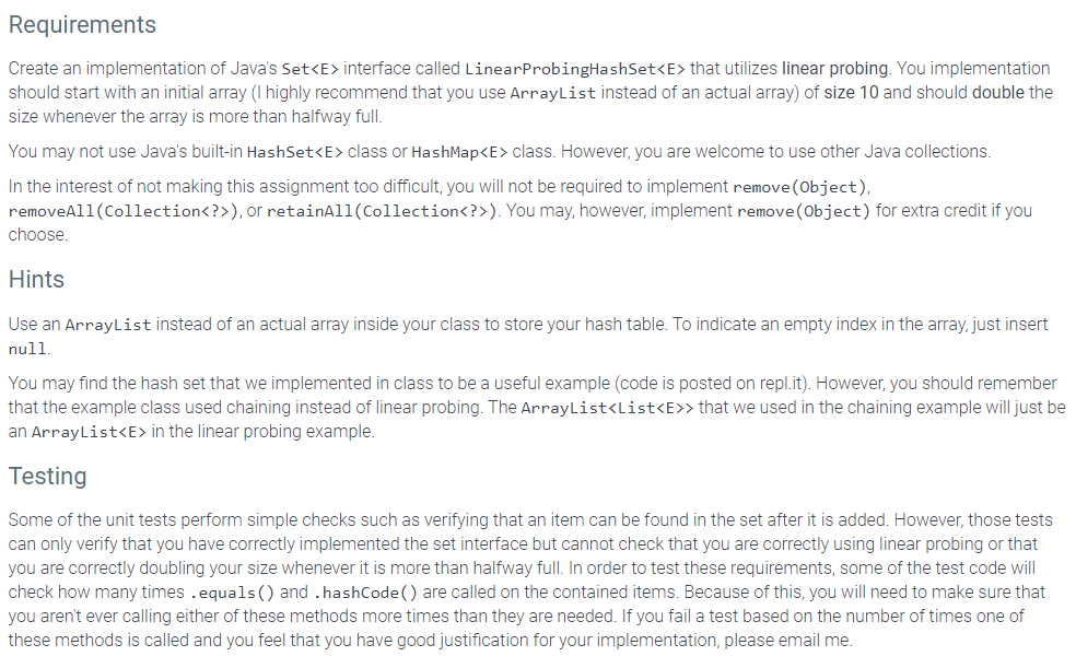 Solved Requirements Create an implementation of Java's Set | Chegg.com