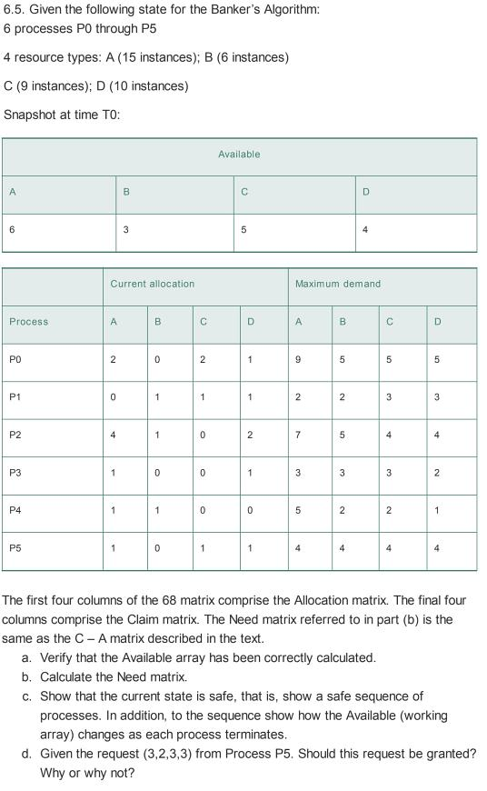 6.5. Given the following state for the Bankers Algorithm: 6 processes PO through P5 4 resource types: A (15 instances); B (6