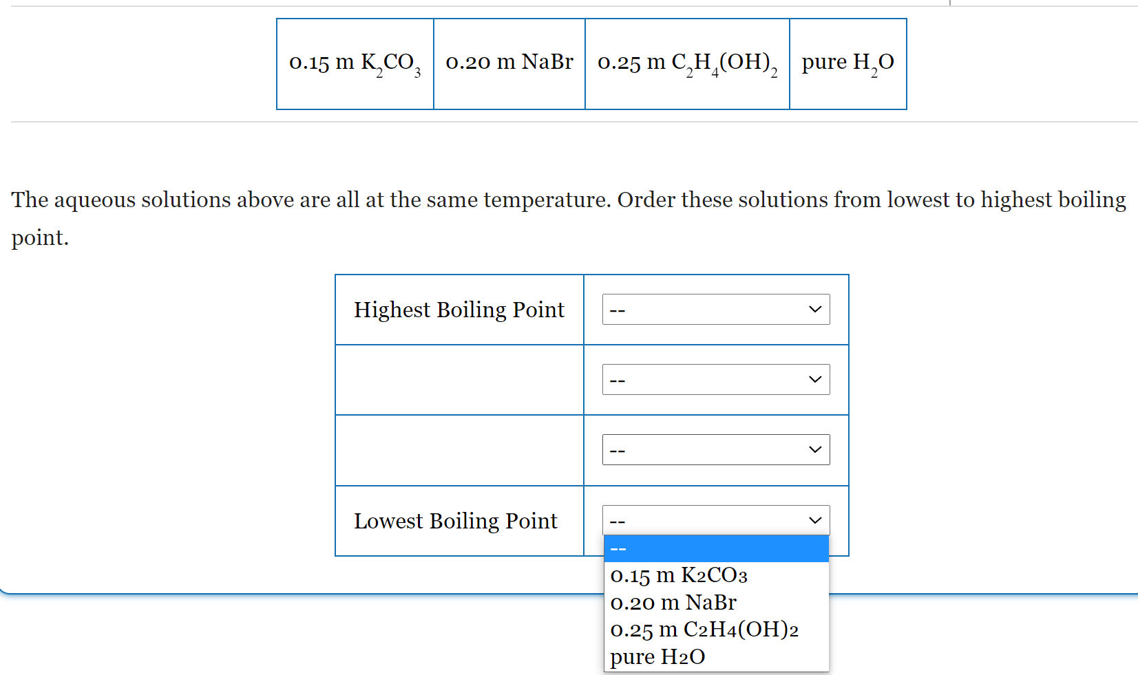 Solved 0.15 m K CO 0.20 m NaBr 0.25 m C H OH 2 pure H2O Chegg