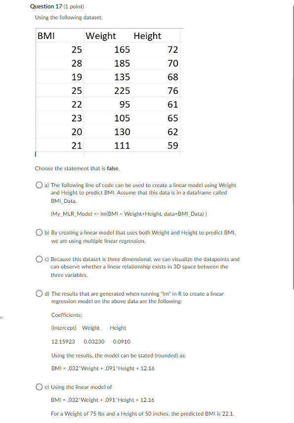 Solved Question 17 (1 ﻿point)Using the following | Chegg.com