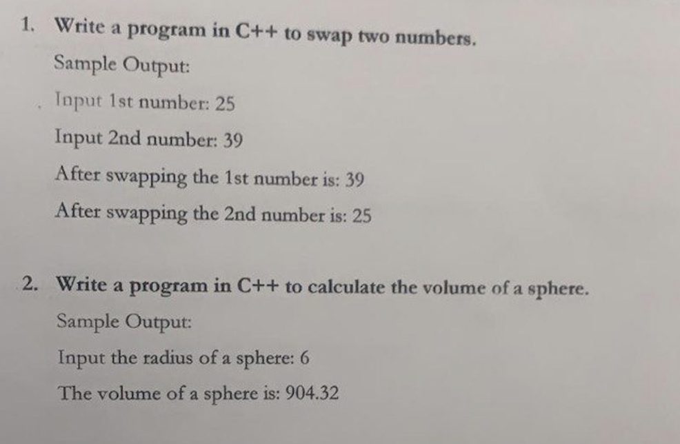 Solved 1. Write a program in C++ to swap two numbers. Sample | Chegg.com