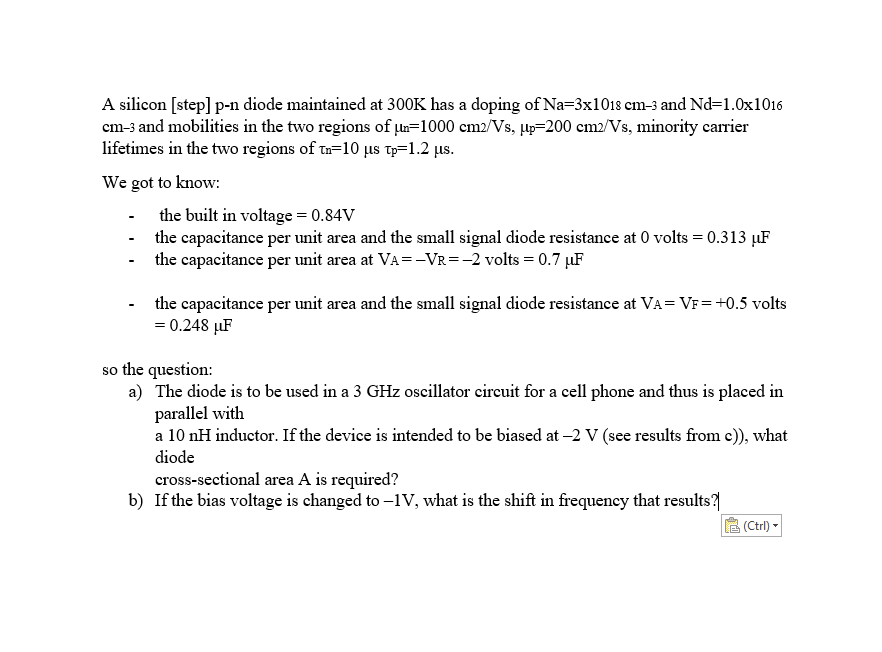 A Silicon Step P N Diode Maintained At 300k Has Chegg Com