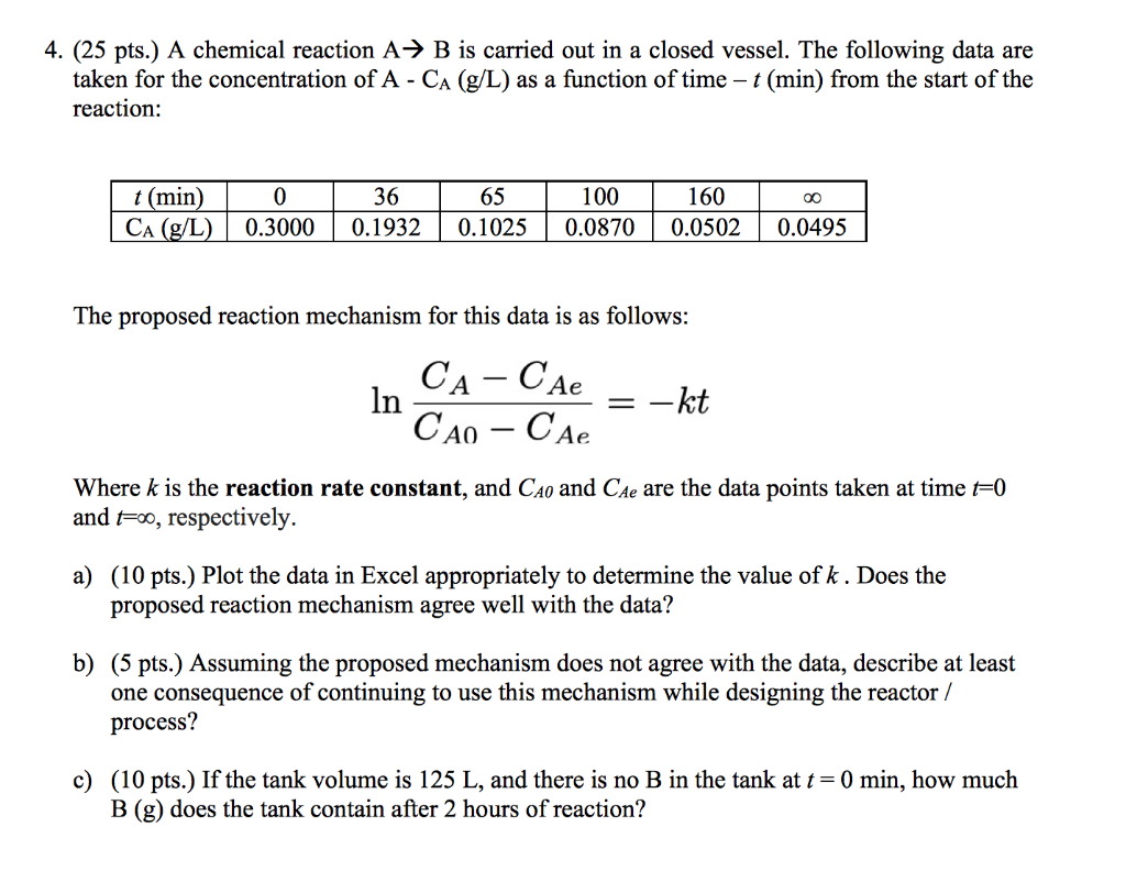 Solved 4. (25 pts.) A chemical reaction A→ B is carried out | Chegg.com